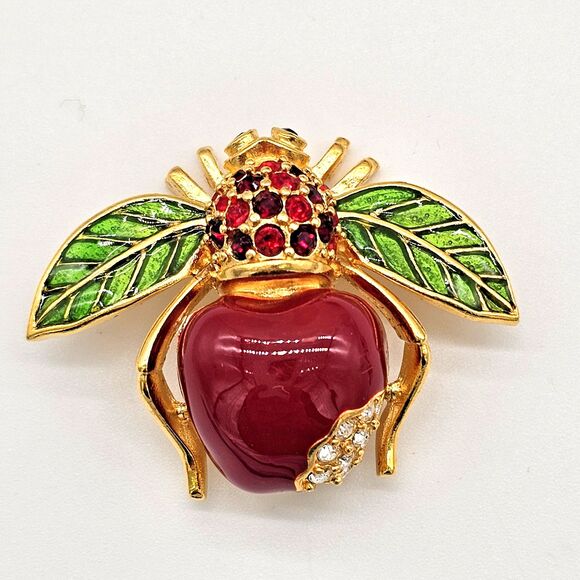 Joan Rivers Apple Bee Brooch Vtg Classics Collection Rhinestone Enamel Pin - Picture 6 of 10